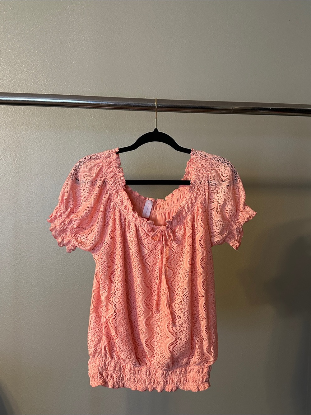 No Boundaries Coral Lace Smocked Peasant Top